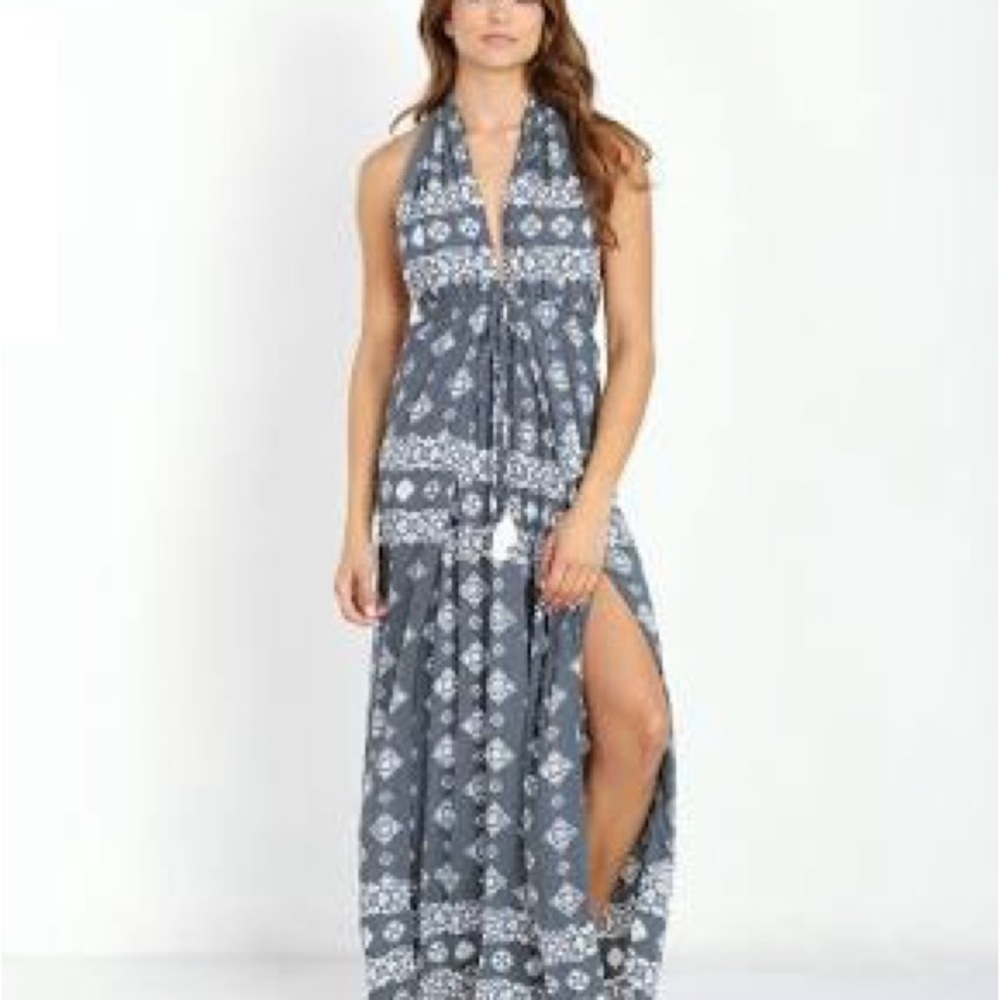 Elegant Blue Patterned Maxi Dress